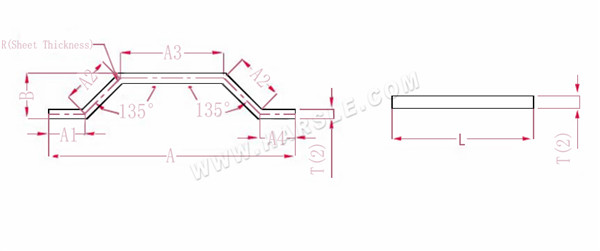 Diagrama e fórmulas de cálculo para tolerância de dobra